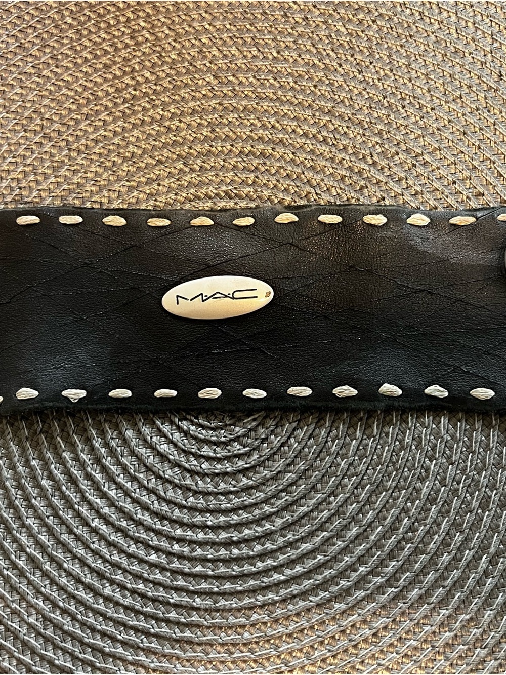 MAC Cosmetics Black Leather Belt with White Stitch Detail and Oval Logo